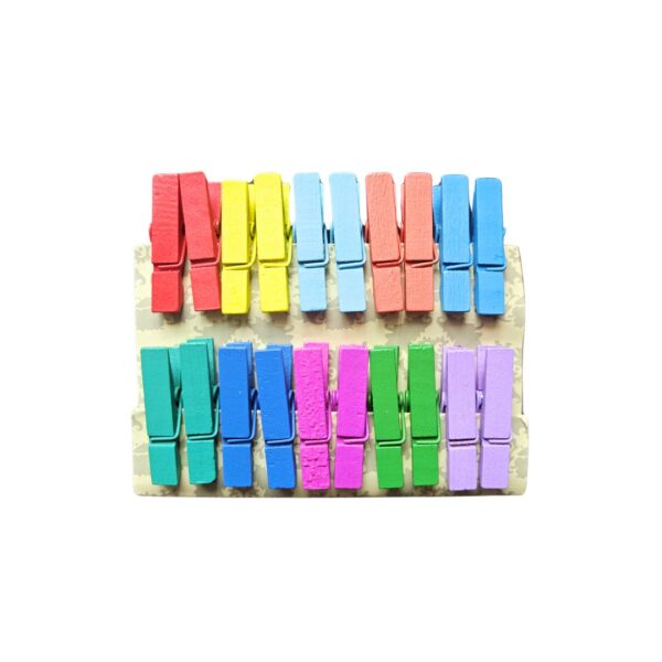 A set of Multicoloured Wooden Clips displaying various bright colours.