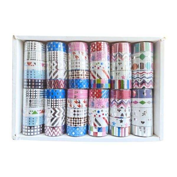 A set of 5 Multidesign Shiny Washi Tapes rolls, displaying various patterns with a glossy sheen.