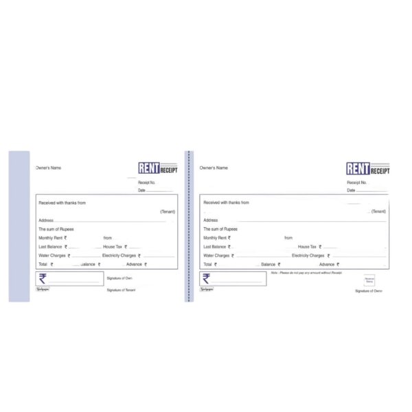 A Neelgagan Rent Receipt Book open to a blank receipt page and its counter foil.