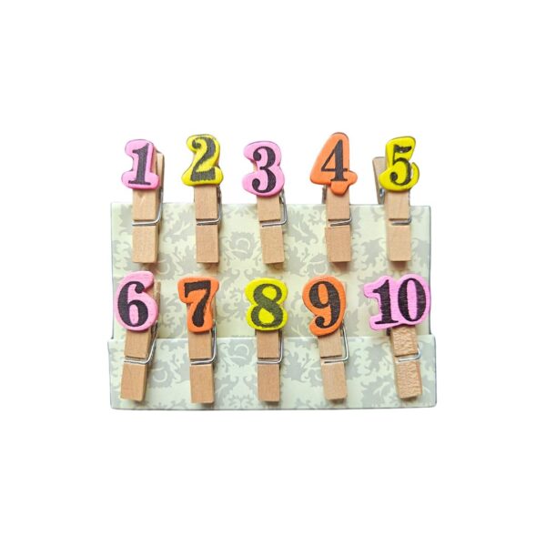 A set of Numbers Wooden Clips displaying various digits.
