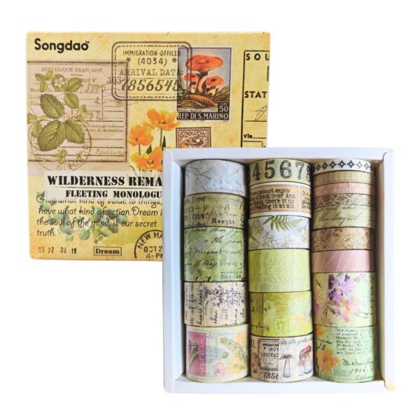 A set of 20 Wilderness Remains Vintage Washi Tapes showing various retro patterns and widths.