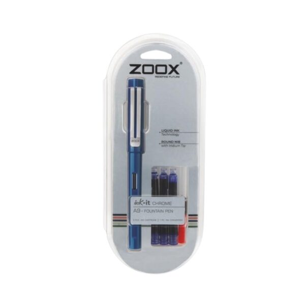 The complete set of the Zoox Chrome A9 Fountain Pen, including cartridges and converter.