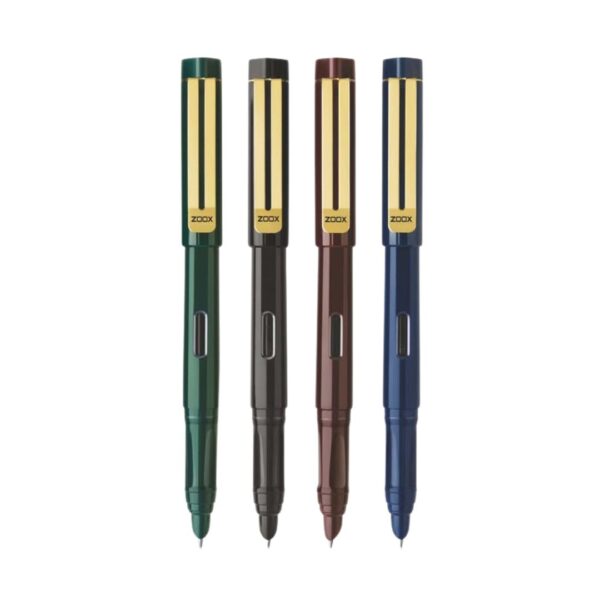 The Flair Zoox Ink-It Gold A9 Fountain Pen showcasing its design and nib.