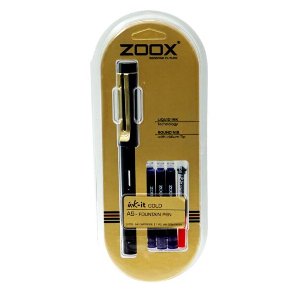 The complete set of the Zoox Gold A9 Fountain Pen, including cartridges and converter.