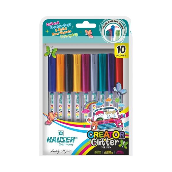 Hauser Creator Glitter Gel Pen pouch showcasing the 10 vibrant colors.