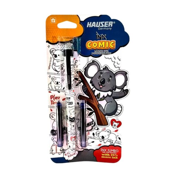 Hauser INX Comic Liquid Ink Fountain Pen in its blister pack with jumbo cartridges