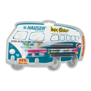 Hauser INX Retro Liquid Ink Fountain Pen in its blister pack with jumbo cartridges.