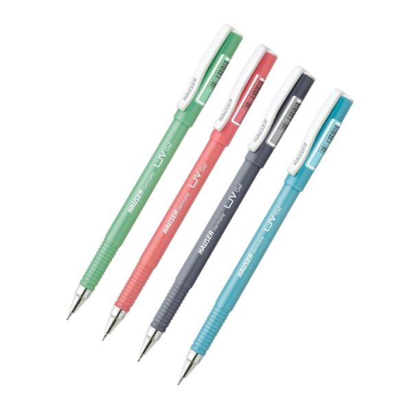 A collection of the UV Gel Pens in blue, black, red, and green.