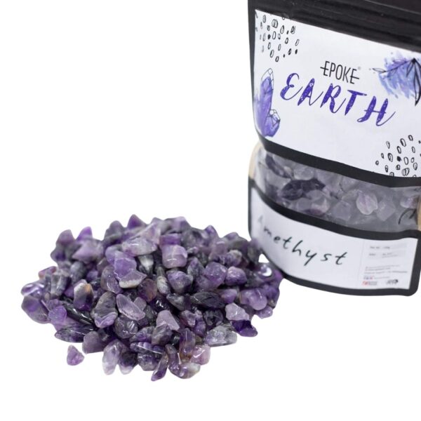 A close-up of a resin art piece with Amethyst crystal chips.