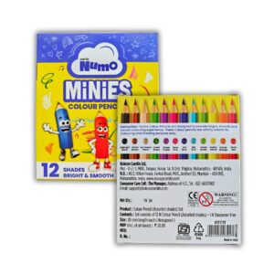 Camlin Numo Minies Colour Pencils - 12 Shades box, highlighting the mini size.