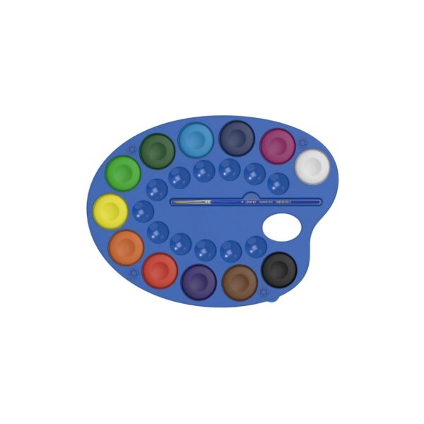 The included soft-bristled brush picking up pigment from a 40mm cake.