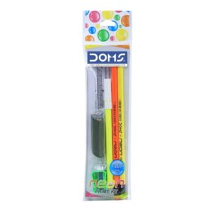 The attractive neon packaging of the DOMS School Essentials kit.