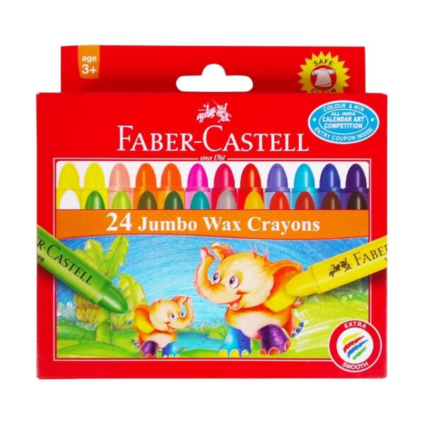 Faber-Castell Jumbo Wax Crayons - 24 Shades pack showing the thick crayons.