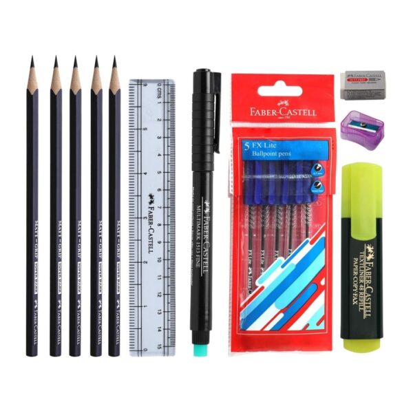 ontents of the Faber-Castell kit including 10 pencils, eraser, and rust-free sharpener.
