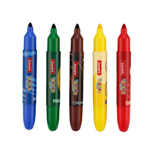 Close-up of the 5 different fruit-scented pens in the Luxor YumYum set.