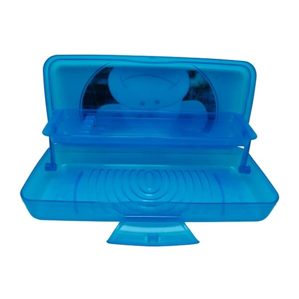 Open view of the large multi-level storage tray inside the Safari box.