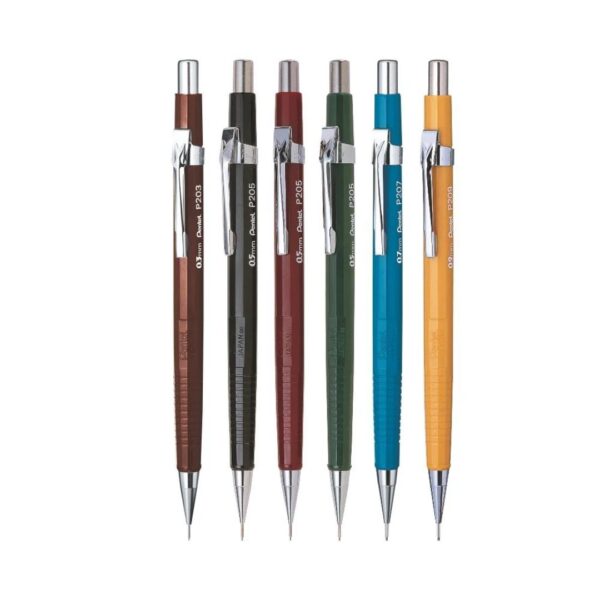 Pentel Sharp P200 series mechanical pencils in various colors.